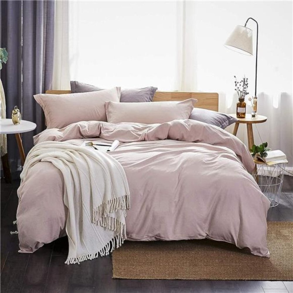 Duvet Cover Queen,Washed Microfiber Pink Queen Size Duvet Cover Set,Solid Color